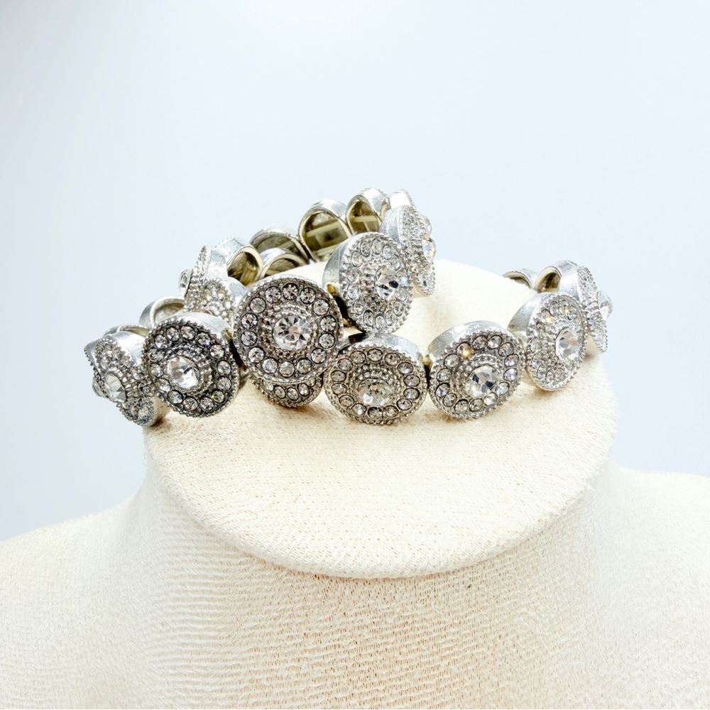 Set of 2 Silver Tone Stretch Bracelets Rhinestone Disc Statement